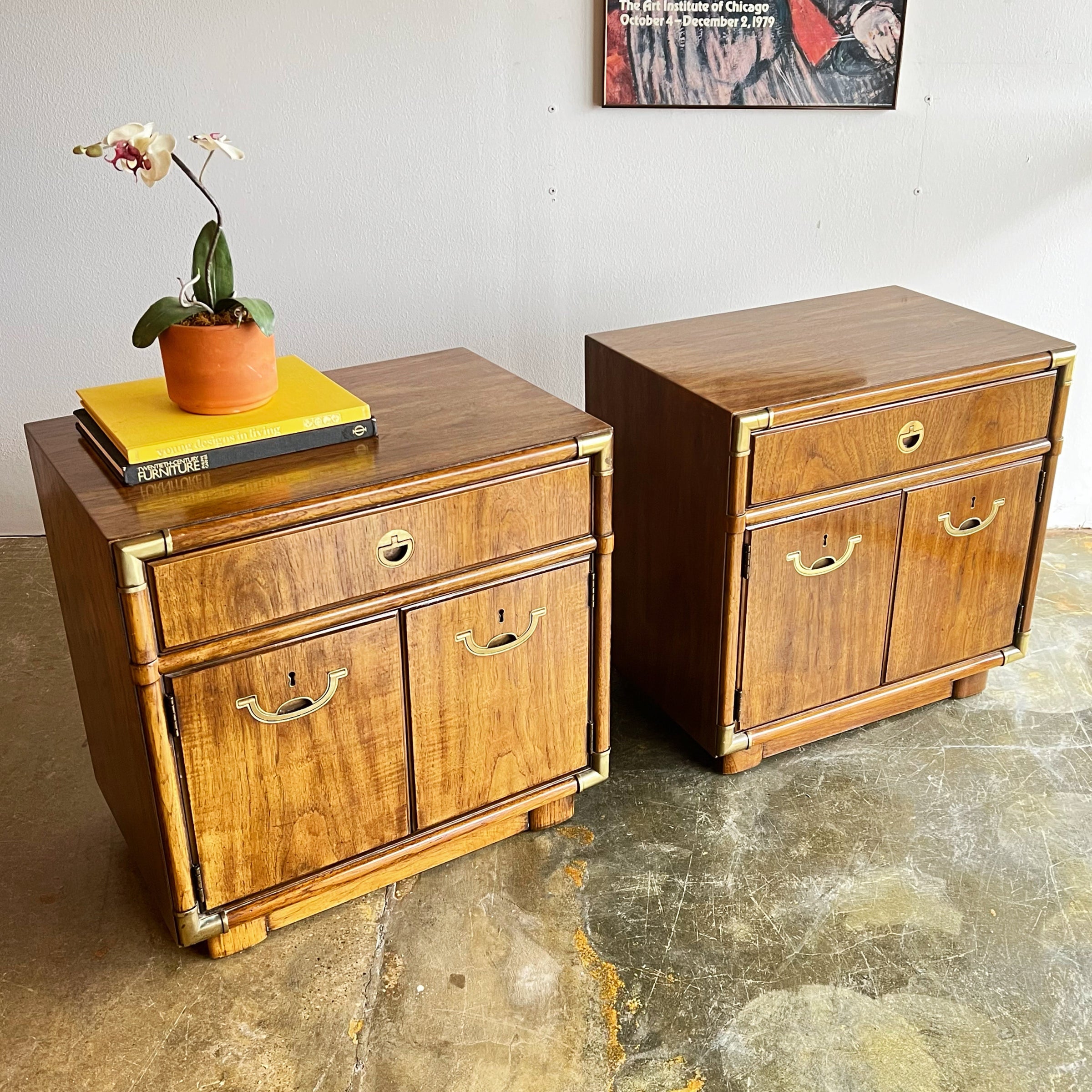 Pair of Vintage Drexel 'Accolade' Campaign Style Bed Side Tables