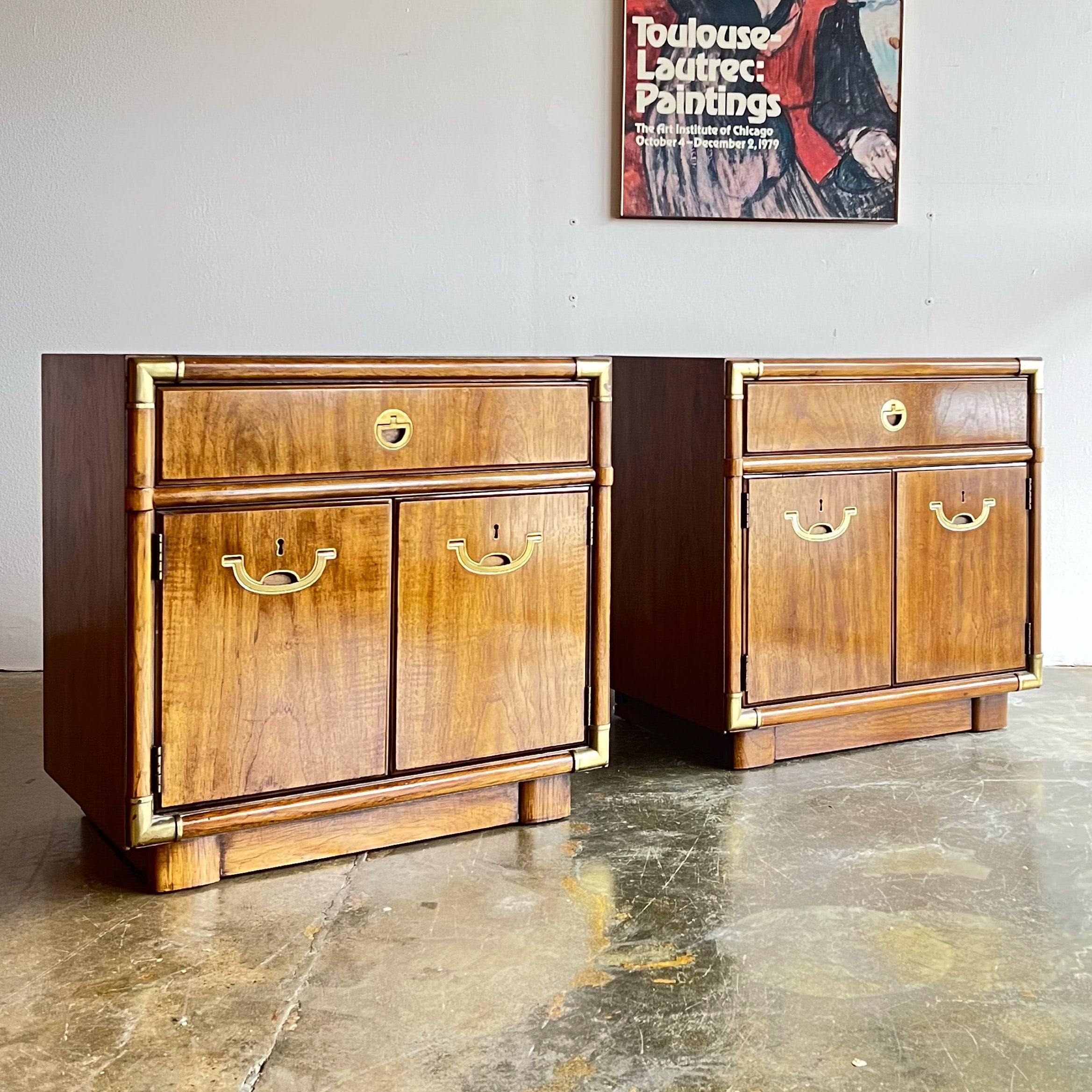 Pair of Vintage Drexel 'Accolade' Campaign Style Bed Side Tables