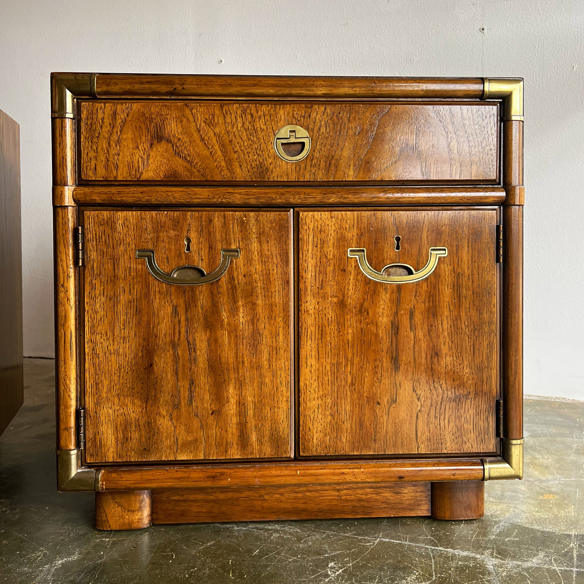 Pair of Vintage Drexel 'Accolade' Campaign Style Bed Side Tables