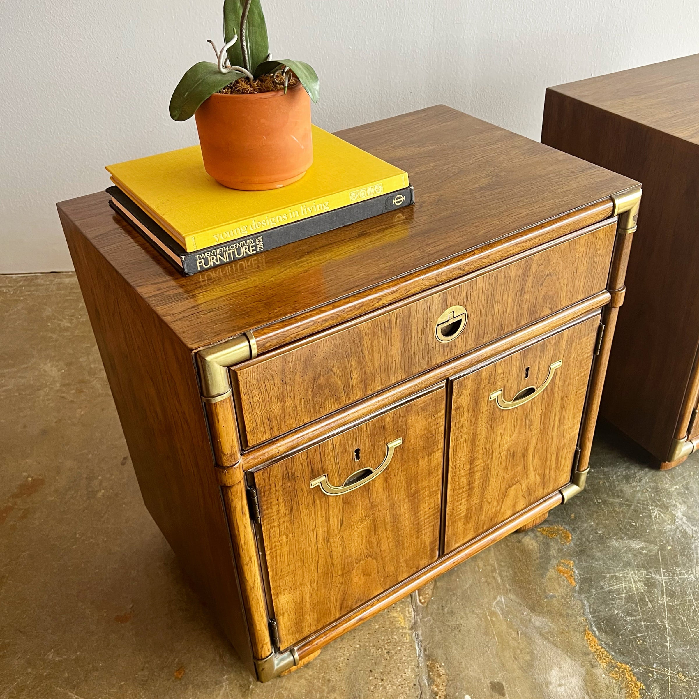Pair of Vintage Drexel 'Accolade' Campaign Style Bed Side Tables