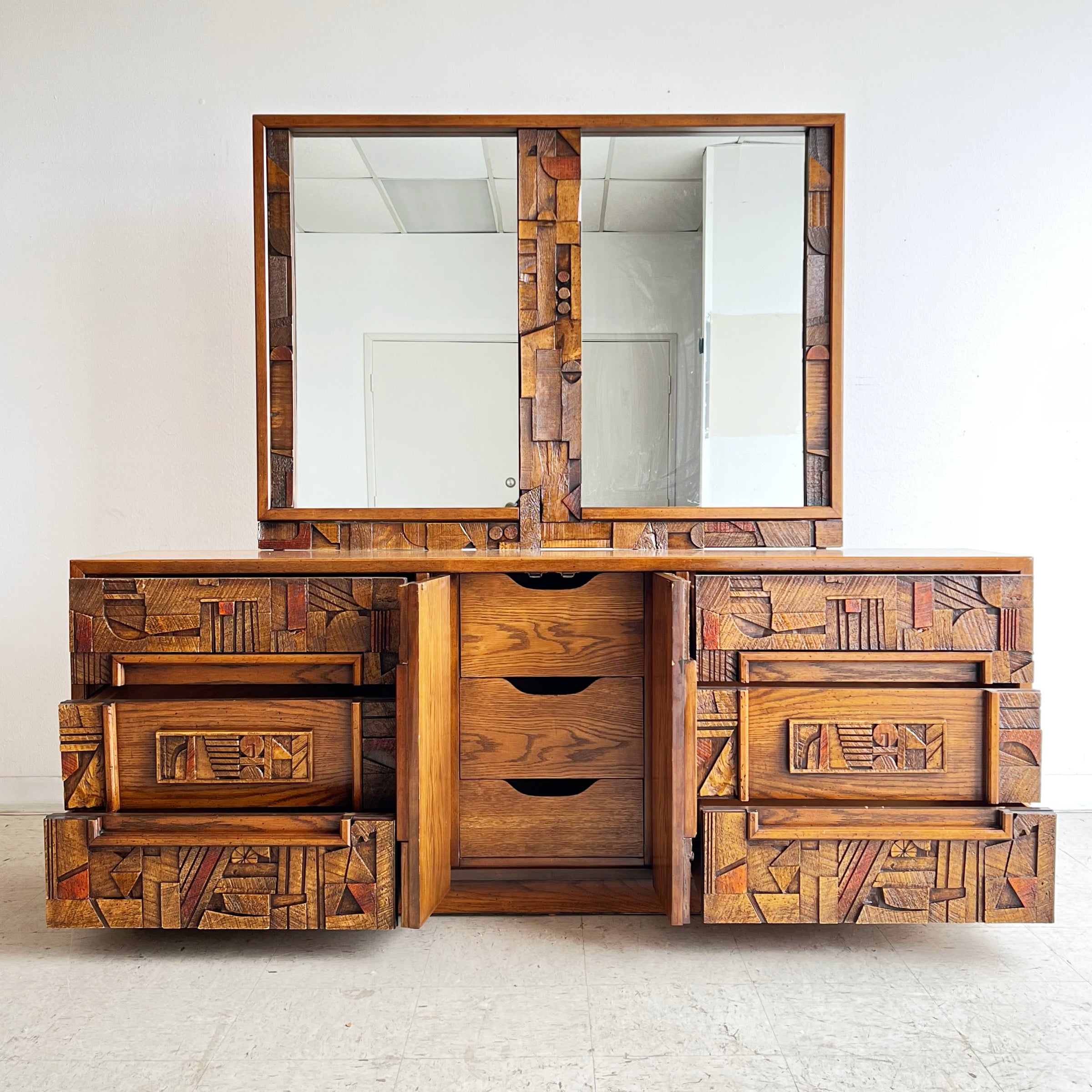 vintage lane dresser with mirror Modern Brutalist Carved Dresser/Mirror This Dresser and Mirror set is all about classy angles and soft details $1700 Vintage Lane Rhythm MCM